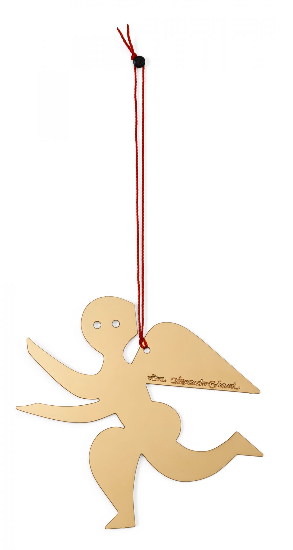 Goldener Vitra Engel Ornament mit roter Aufhängeschnur, festlicher Baumschmuck und Designobjekt für Weihnachten.